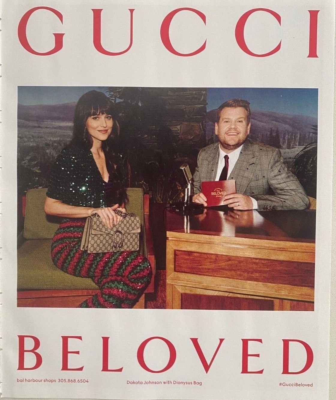 Gucci Dakota Johnson with Dionysus Bag James Corden 2021 Magazine Ad