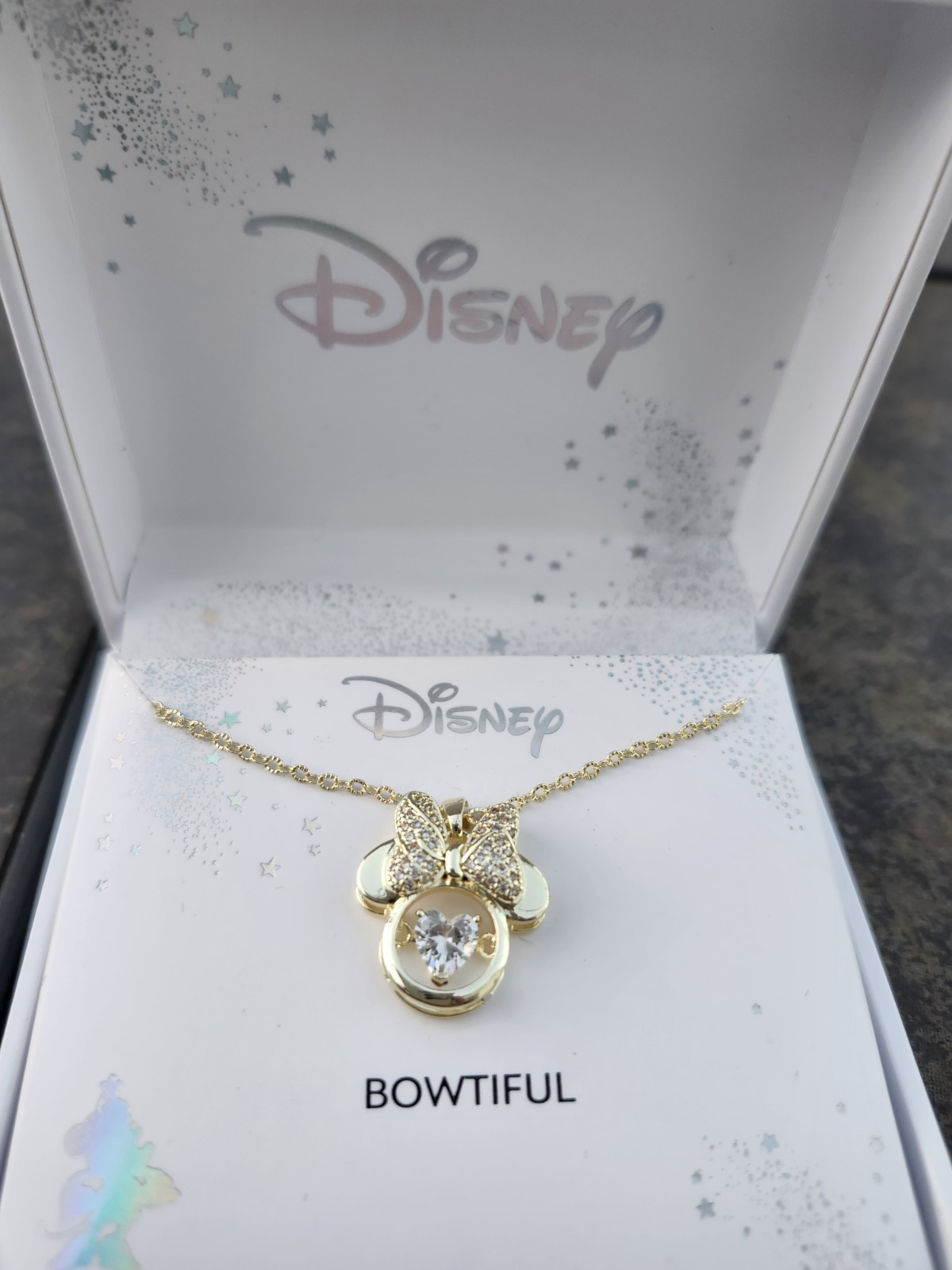 Disney Minnie Mouse Bowtiful Necklace Floating Crystal Heart~16+2”~Gold tone NIB