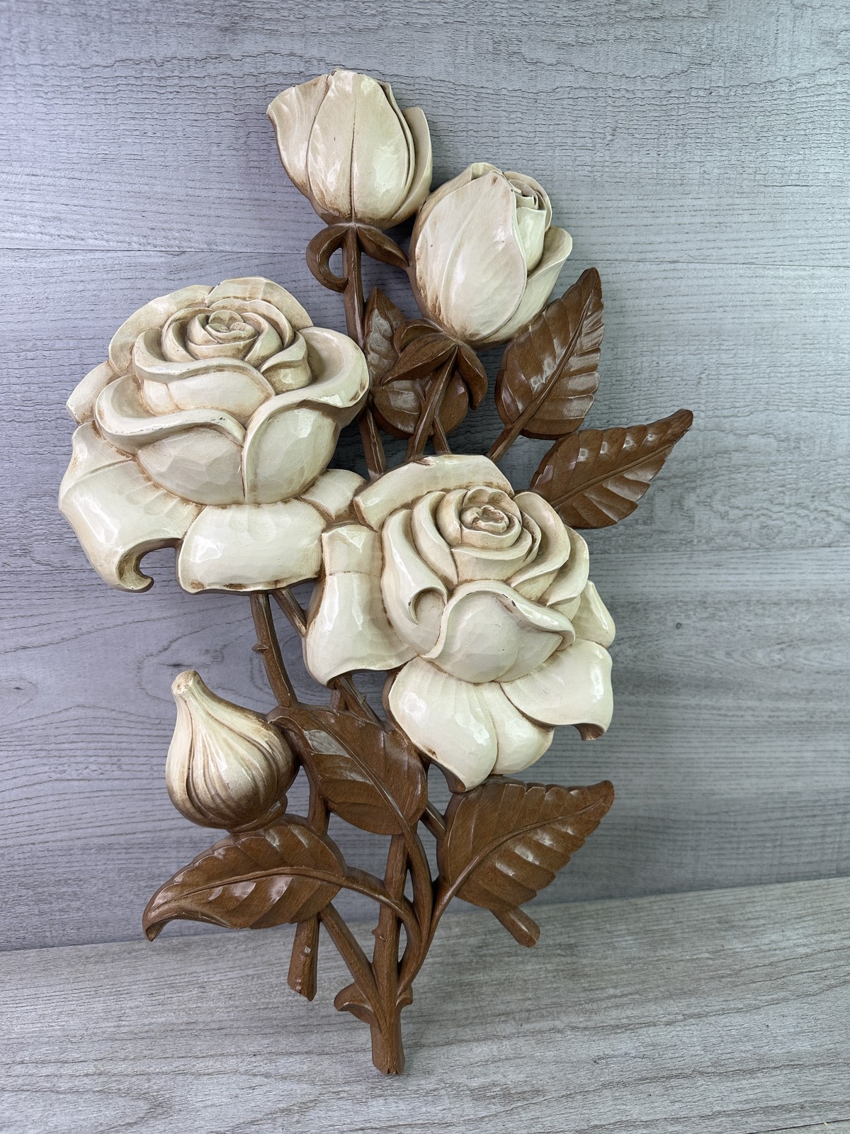 Vintage Syroco Inc. 1962 Off-White & Brown Rose Floral Wall Art Sculpture Decor
