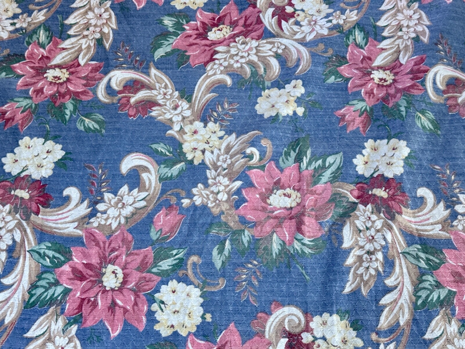 40’s Lavender Blue ROSES Shabby Chic Mid Century Barkcloth Vintage Curtain Drape