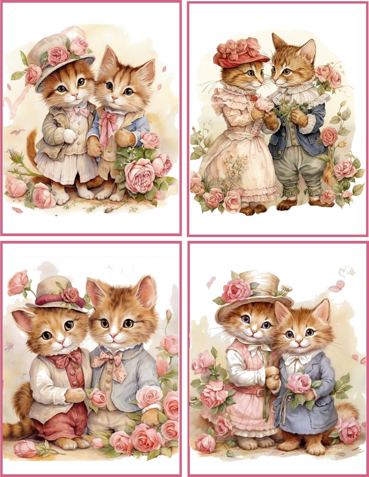 VALENTINE VINTAGE VICTORIAN Cat roses 8 GLOSSY BLANK CARD with envelopes