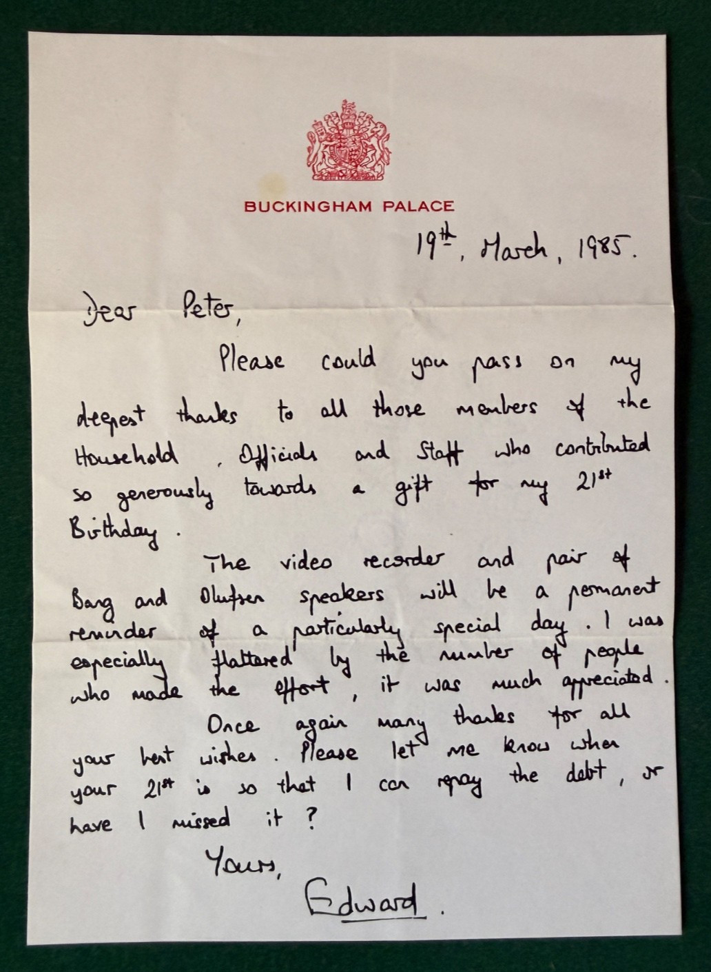Prince Edward Duke Edinburgh Signed 21st Birthday Letter Buckingham Palace