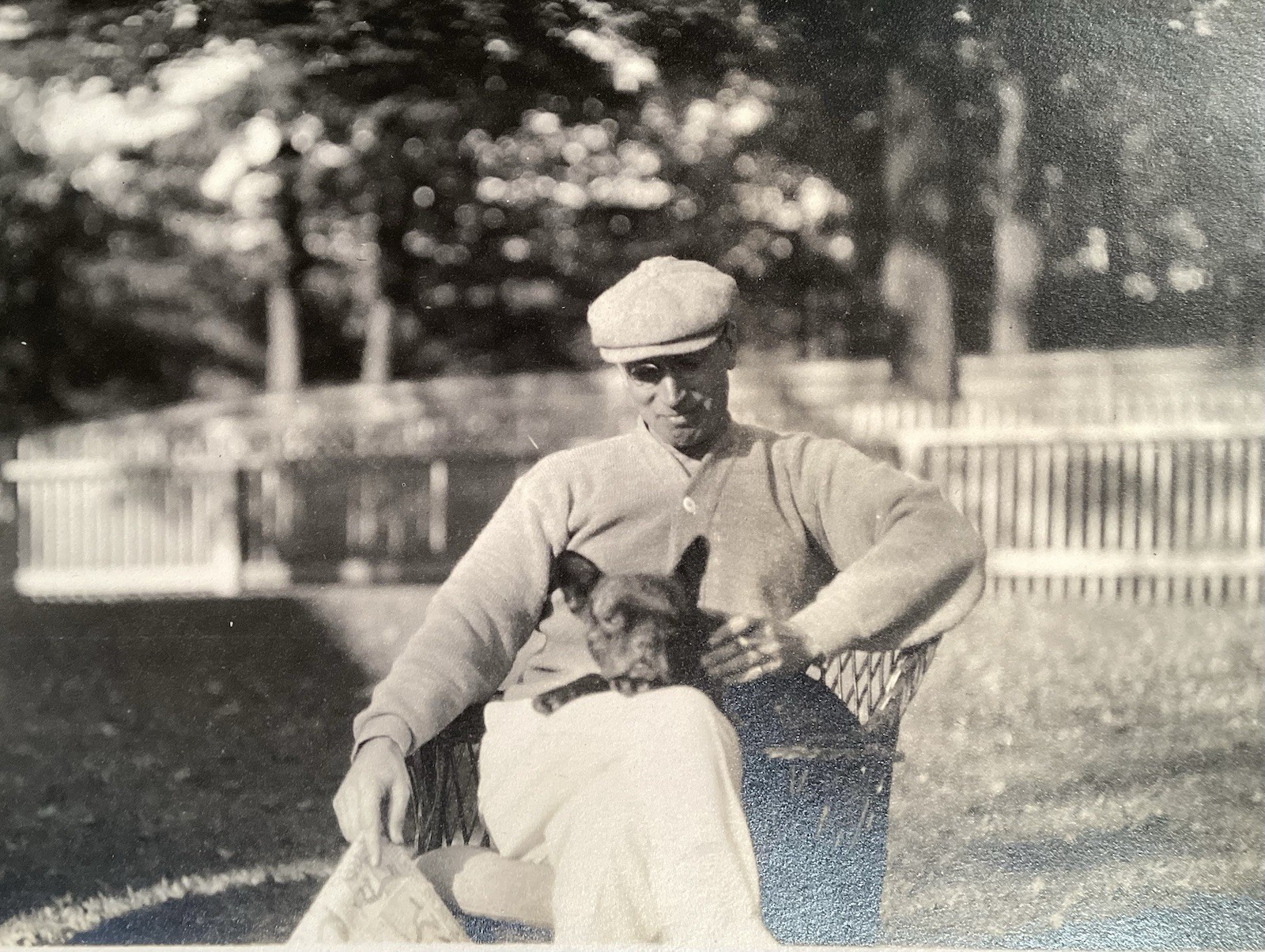 1910s Antique RPPC Photo MAN With His FRENCH BULLDOG Seated