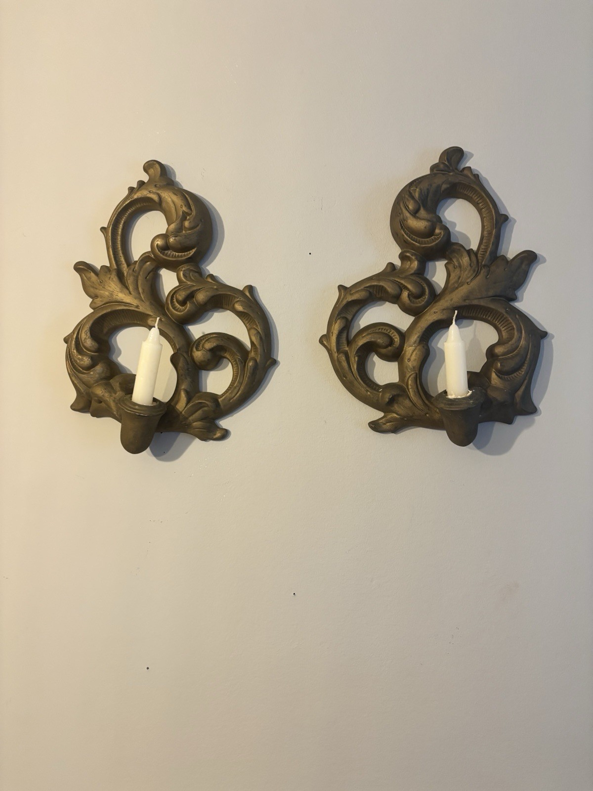 Vintage 1970s Ornate Sconces Gold Mold Ceramic Cast Wall Mount Candle Holder Set
