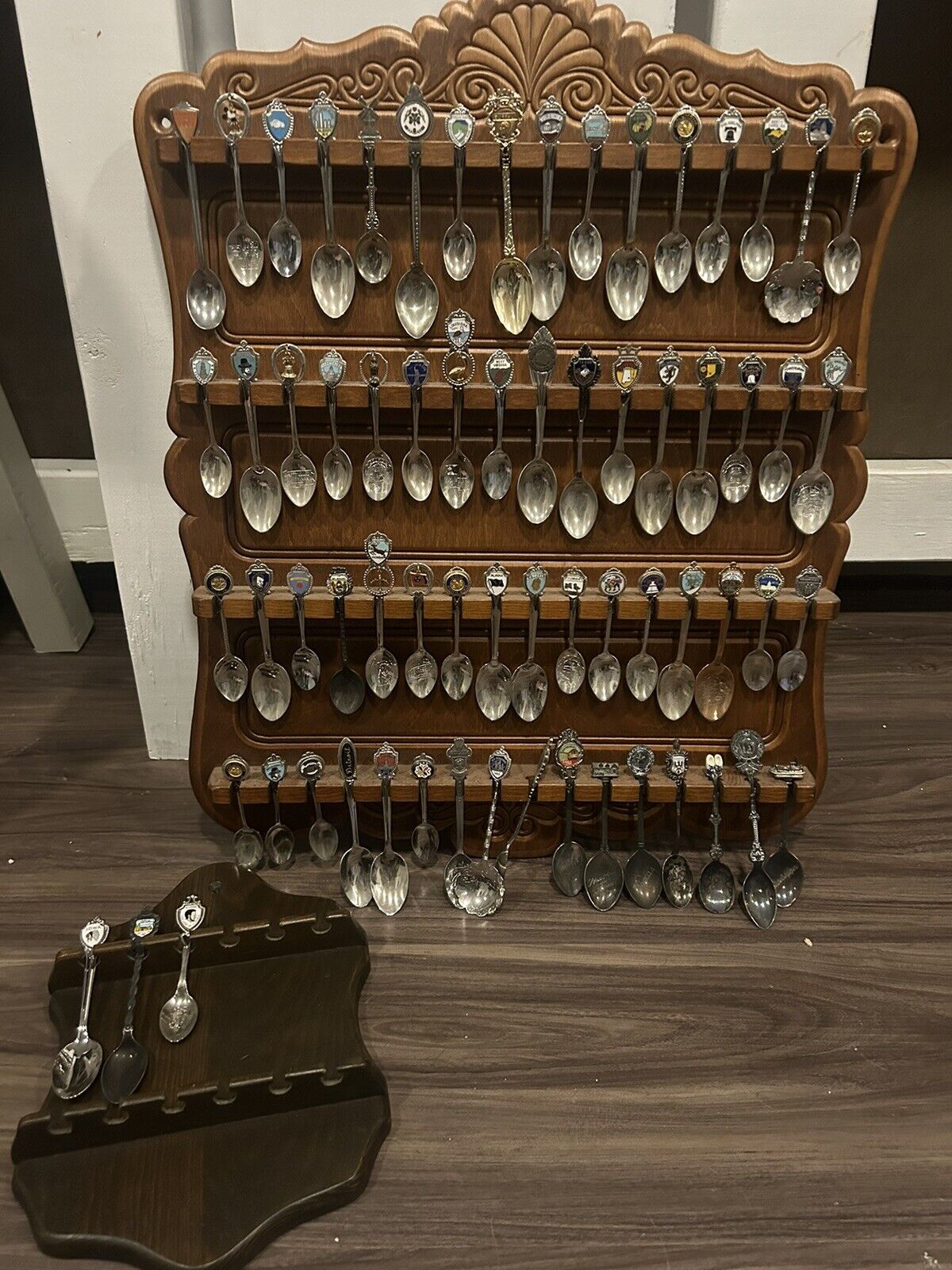 VINTAGE Lot Of 67 Mini Mixed Souvenir COLLECTOR'S SPOONS with display racks