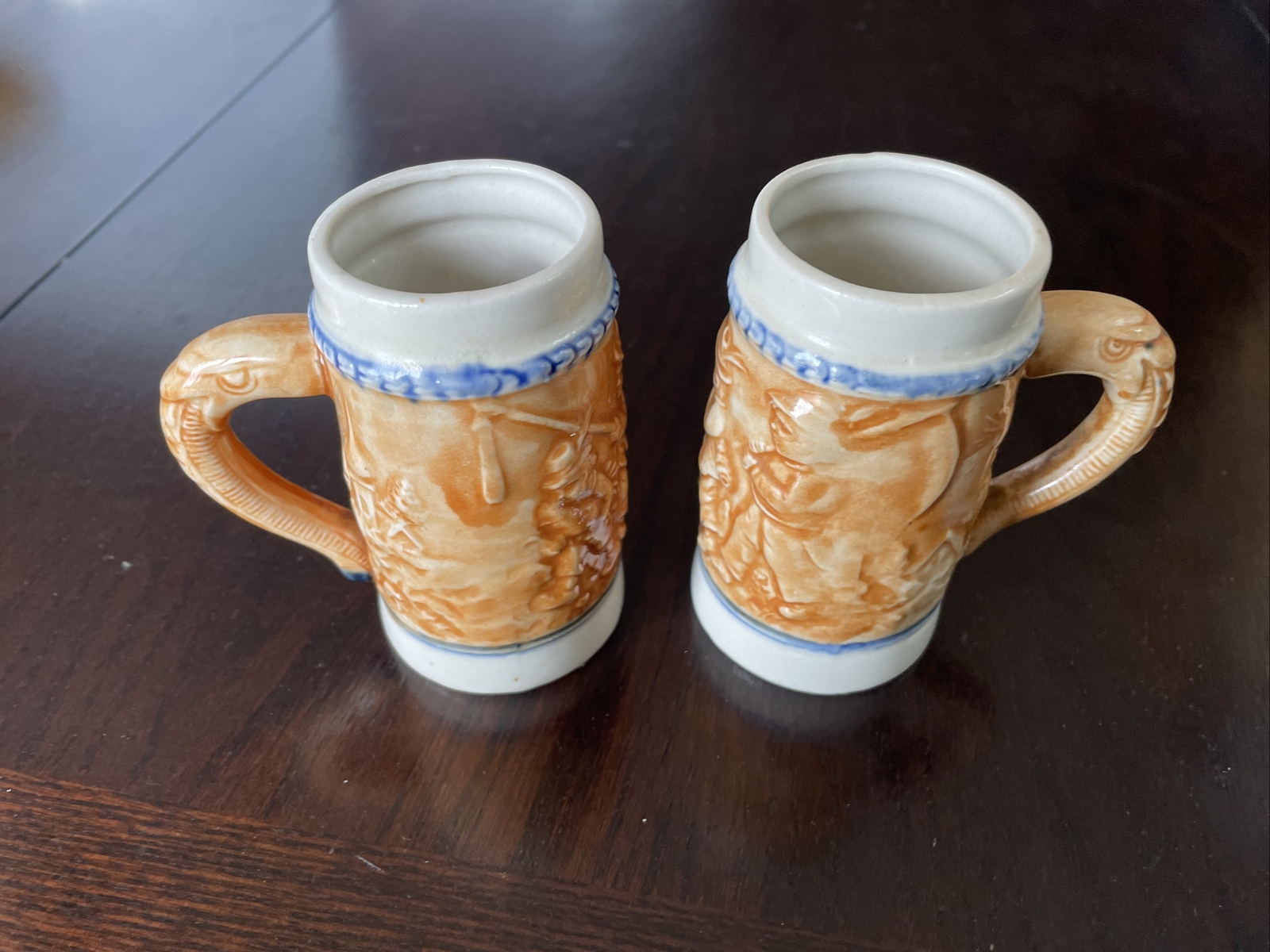 VINTAGE Mini Beer Steins (2) Made In Japan 4 Inches, Farmers, Sun, Rooster
