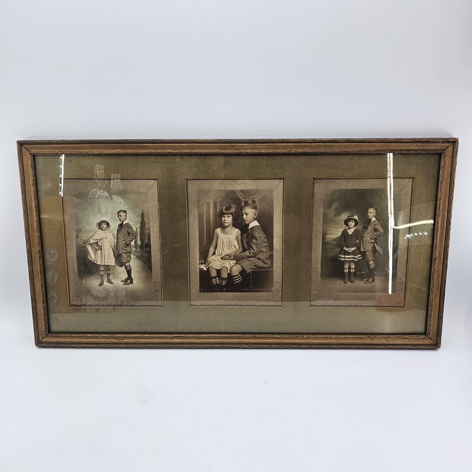 Antique Montage of Photos Of Little Boy Little Girl In Antique Wooden Frame