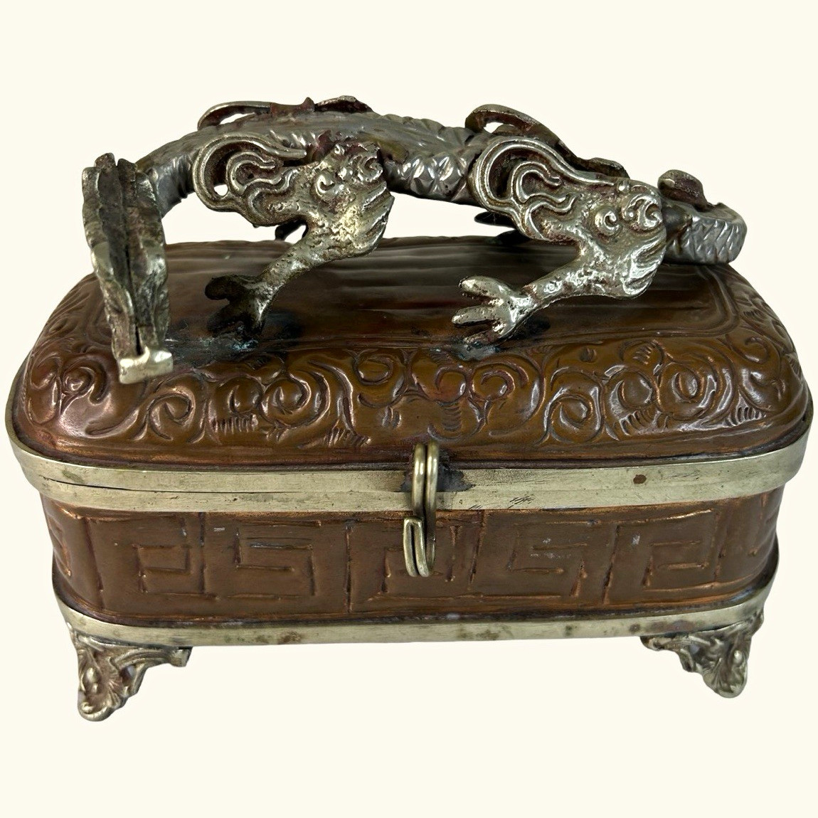 Vintage Copper Mixed Metal Chinese Asian Dragon Trinket Box 5.5”