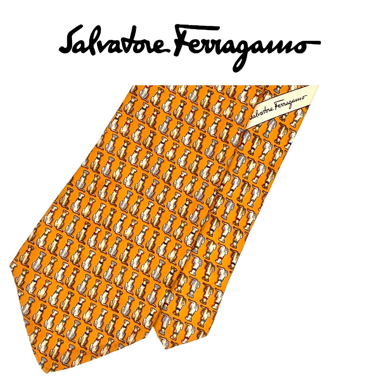 Salvatore Ferragamo Gold Tie - Brown Grey Micro Dogs Pattern Italy Silk Necktie
