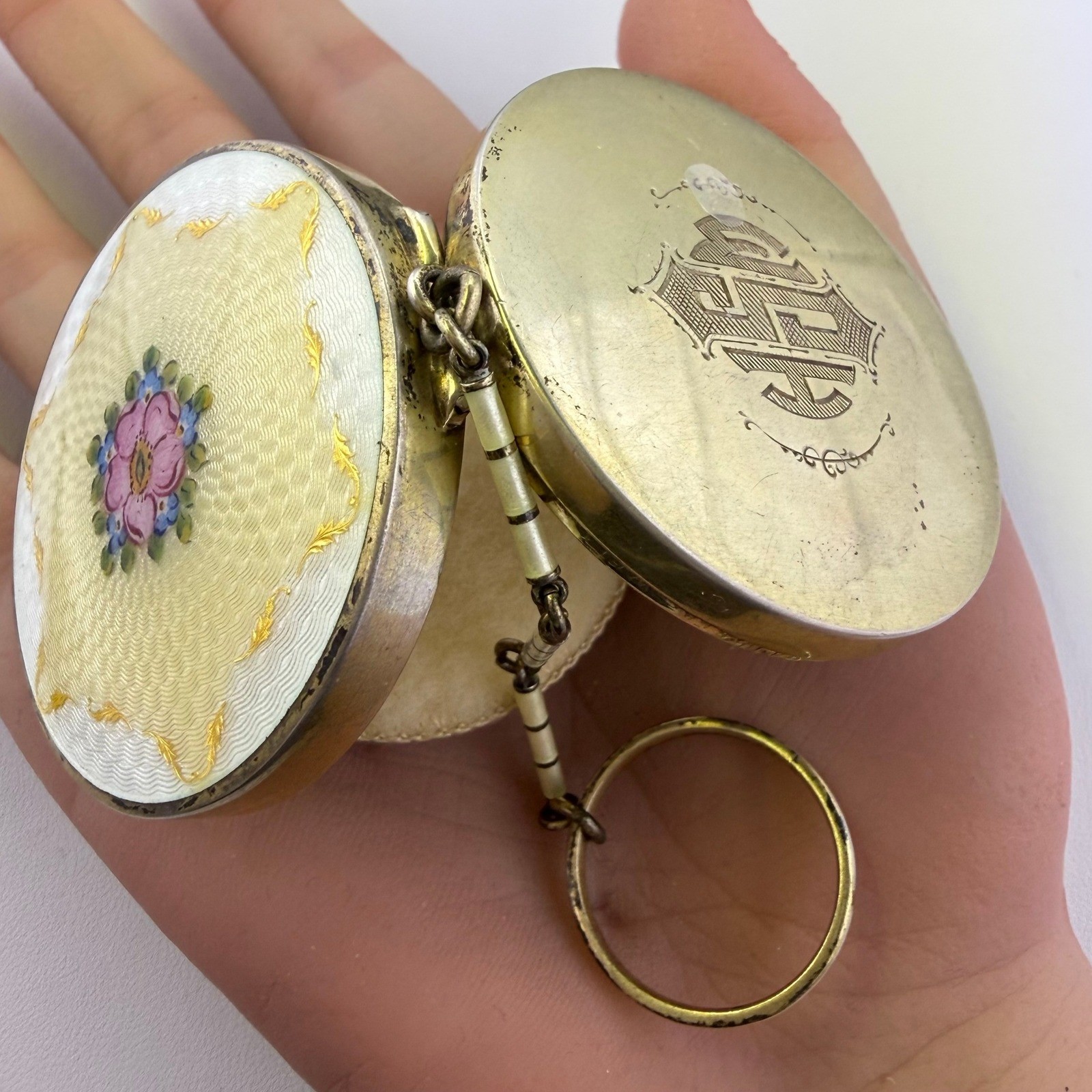 Antique Art Deco Watson Sterling Silver Guilloche Enamel Dance Compact Ring Rose