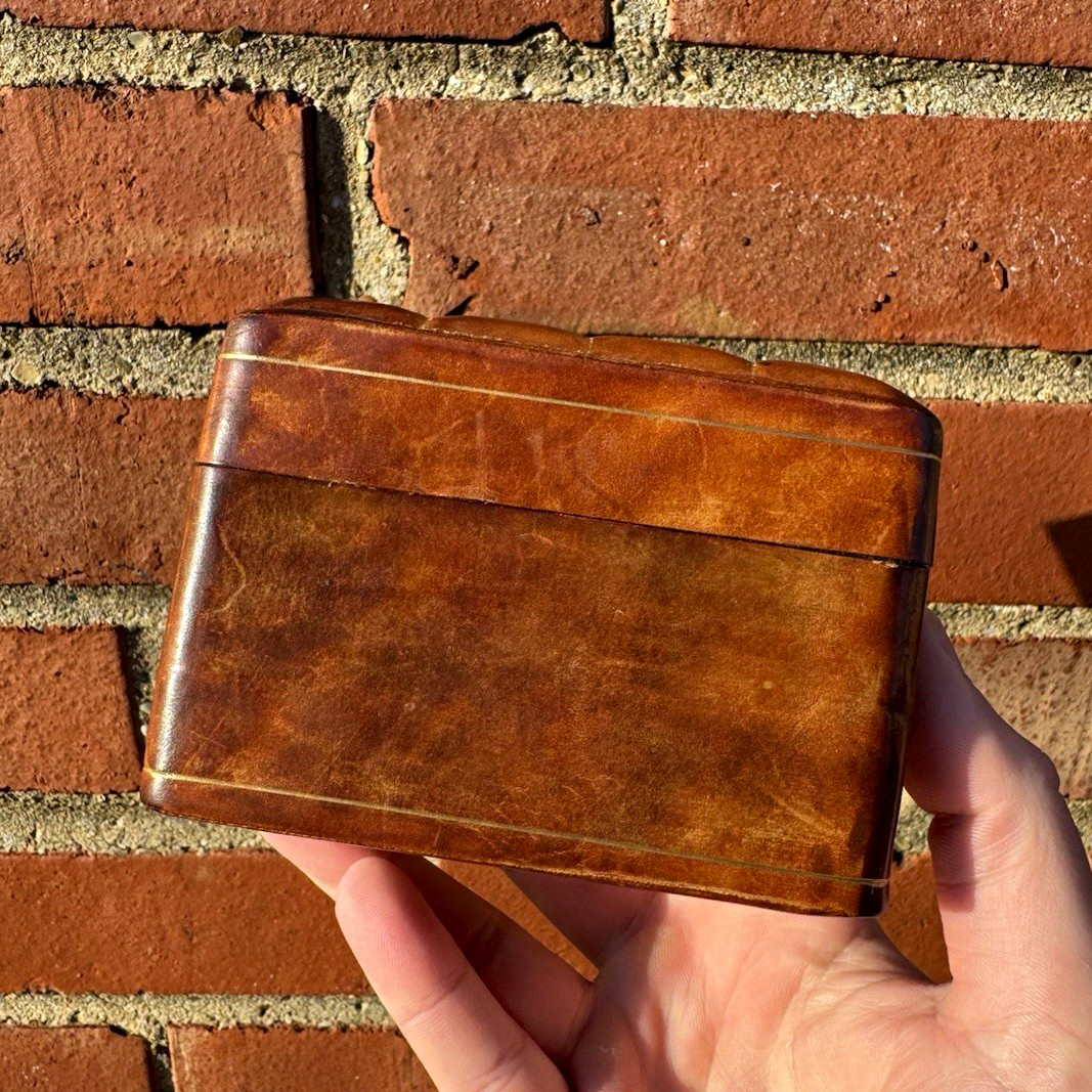 Vintage Italian Leather Playing Card Box Florence Italy 2 Deck Holder w/ Cards