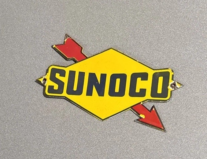 VINTAGE 12” SUNOCO ARROW  PORCELAIN SIGN CAR OIL GAS MOTORCYCLE TRUCK