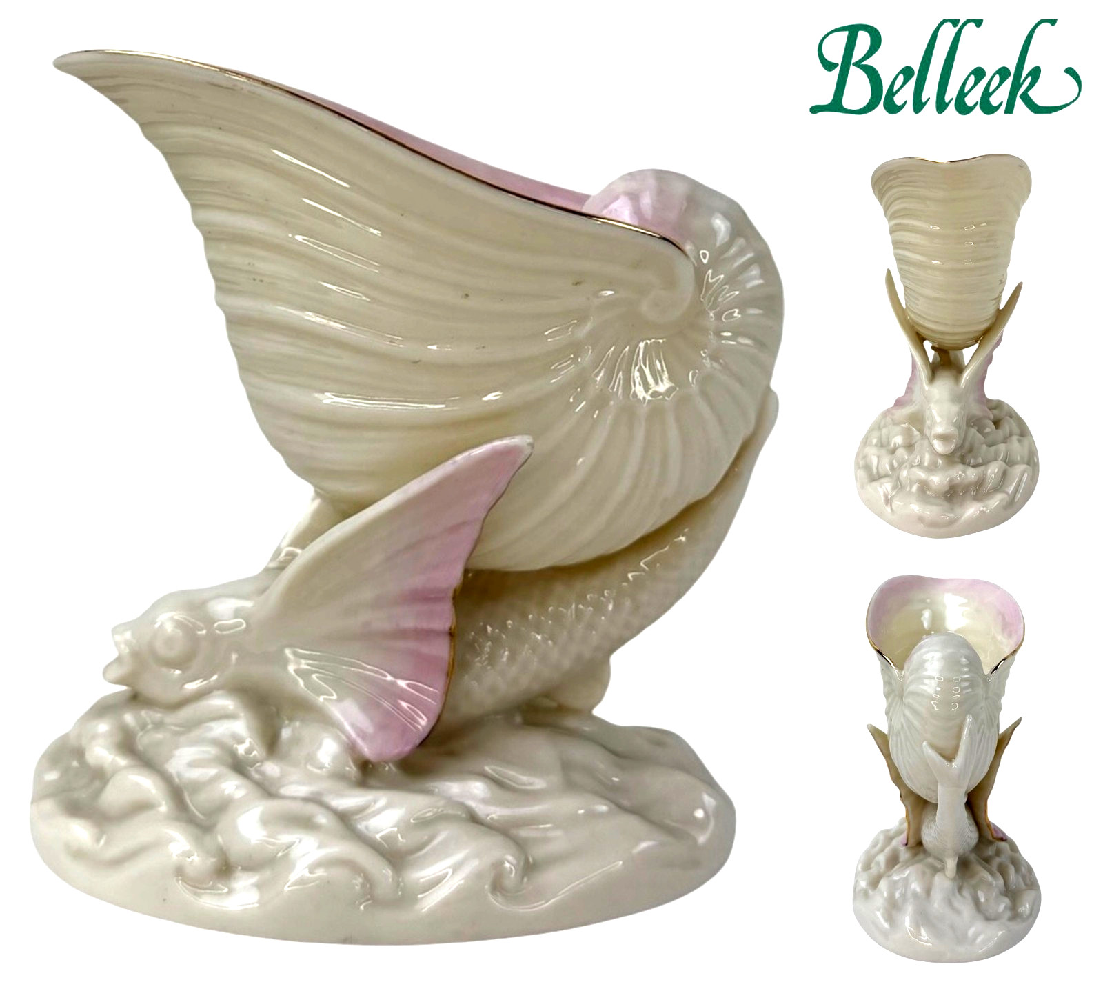 Belleek China Ireland Flying Fish Spill Vase W/24 Kt Gold 5 inX 4.5 in Soft Pink