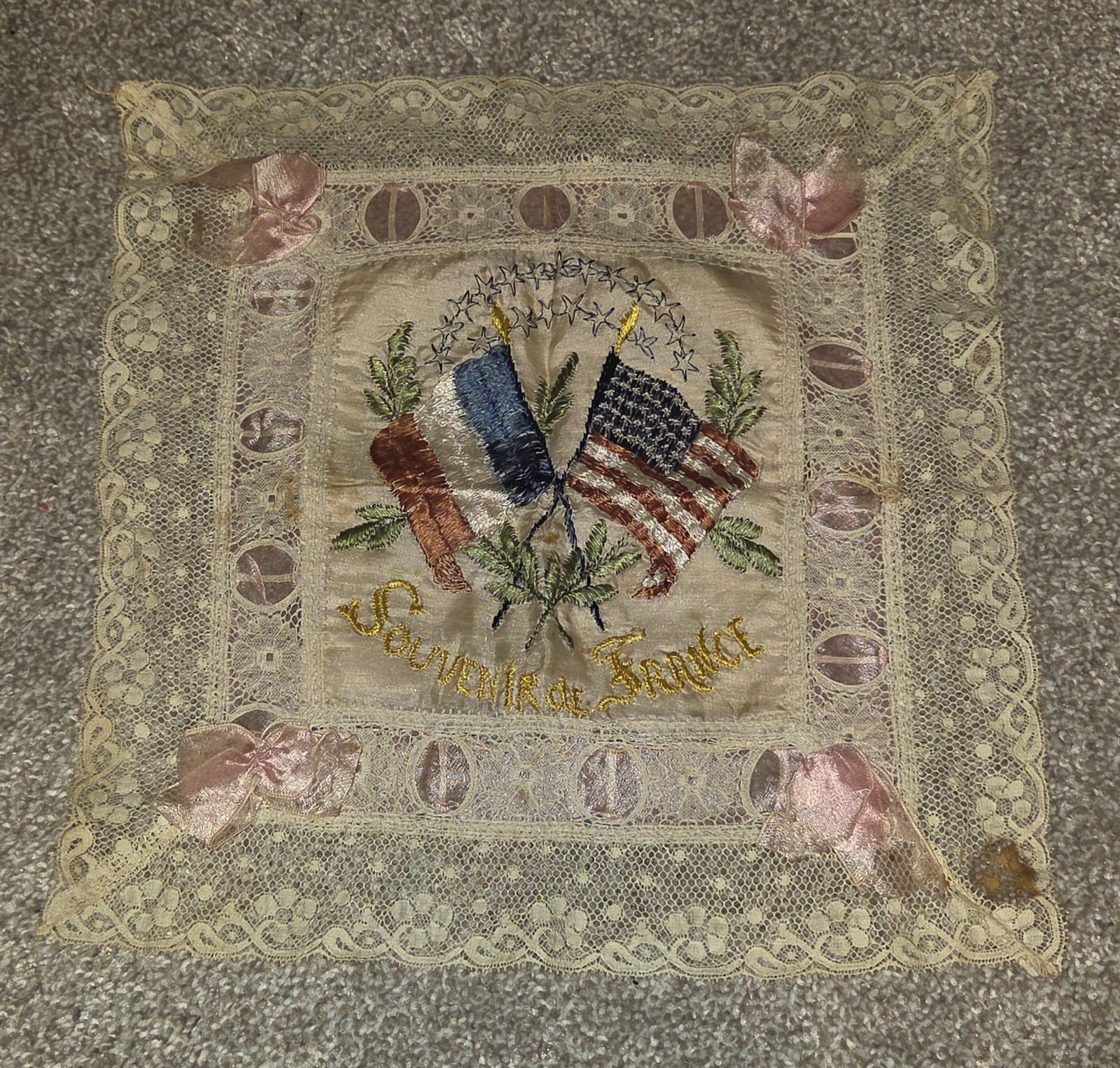Rare WWI Souvenir of France Pillow Sham Embroidered Flags Silk Pillowcase