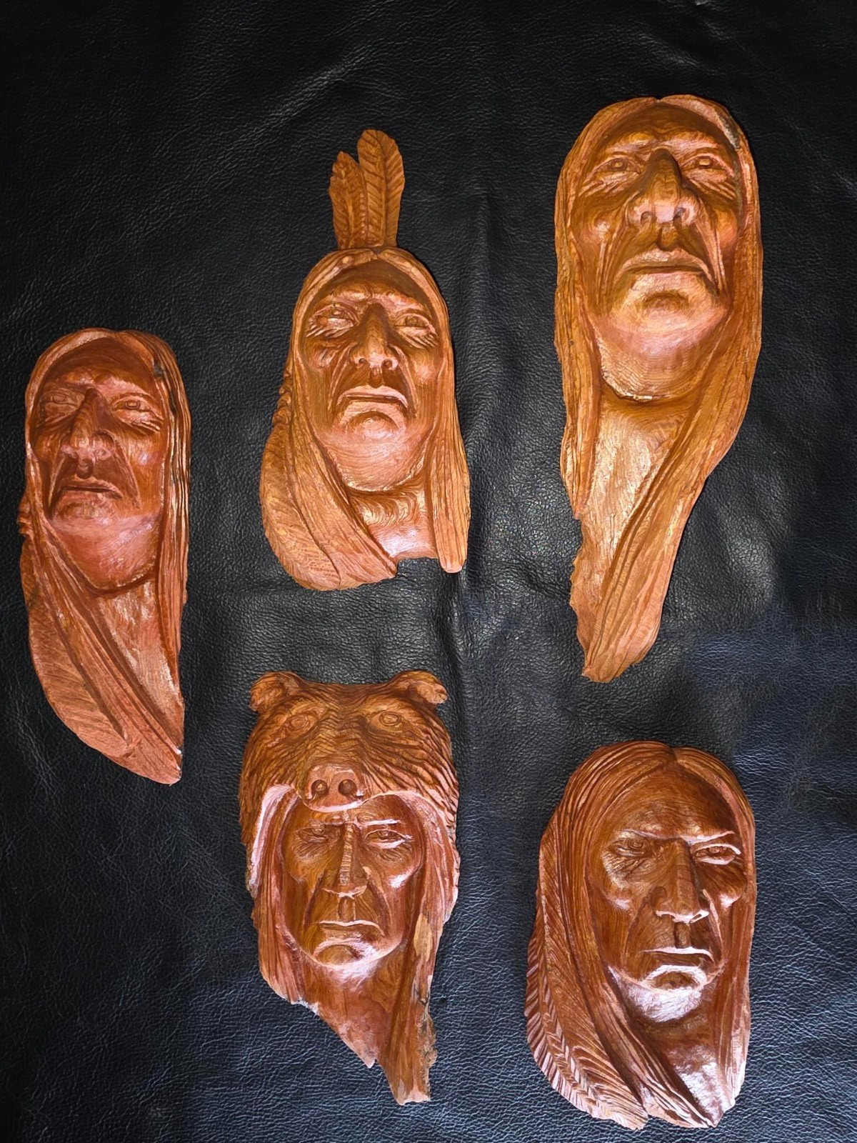 Hand Carved Native American Wood Wall Sculptures --5 Total Carvings in Lot