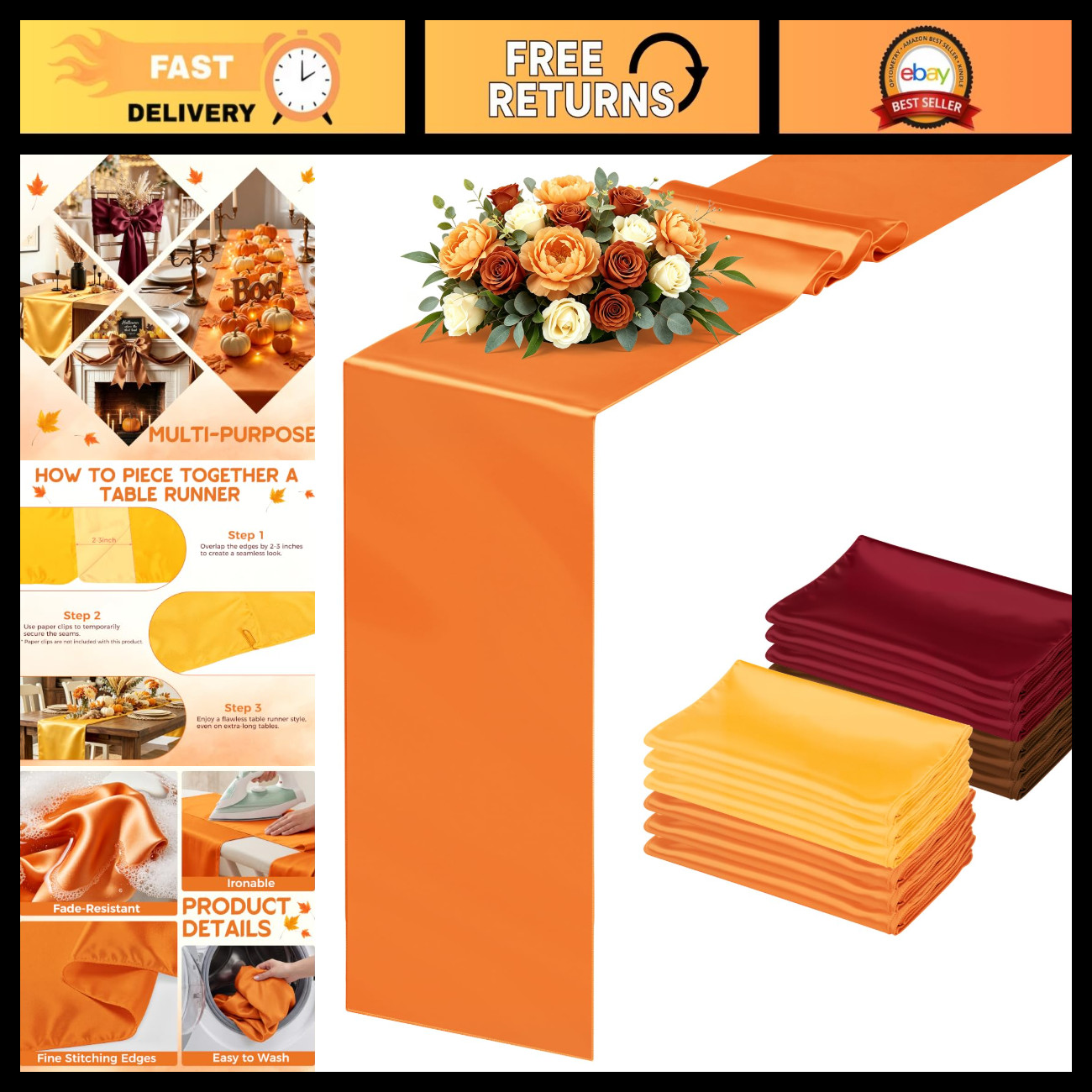 12 Pack Fall Satin Table Runners 12 x 108 Inch Seamless Design