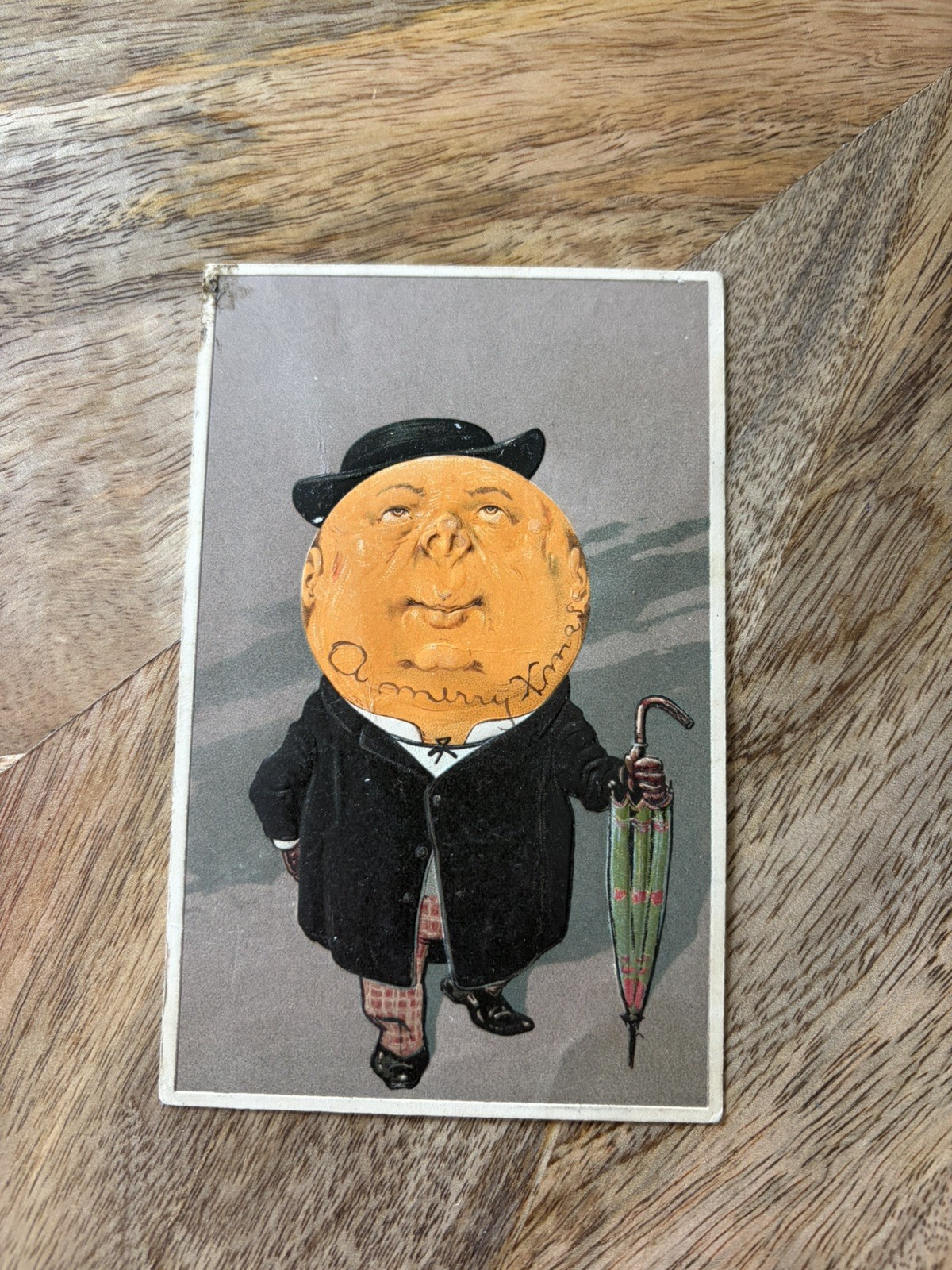 Antique A Merry Xmas Postcard Anthromorphic Moon Man 
