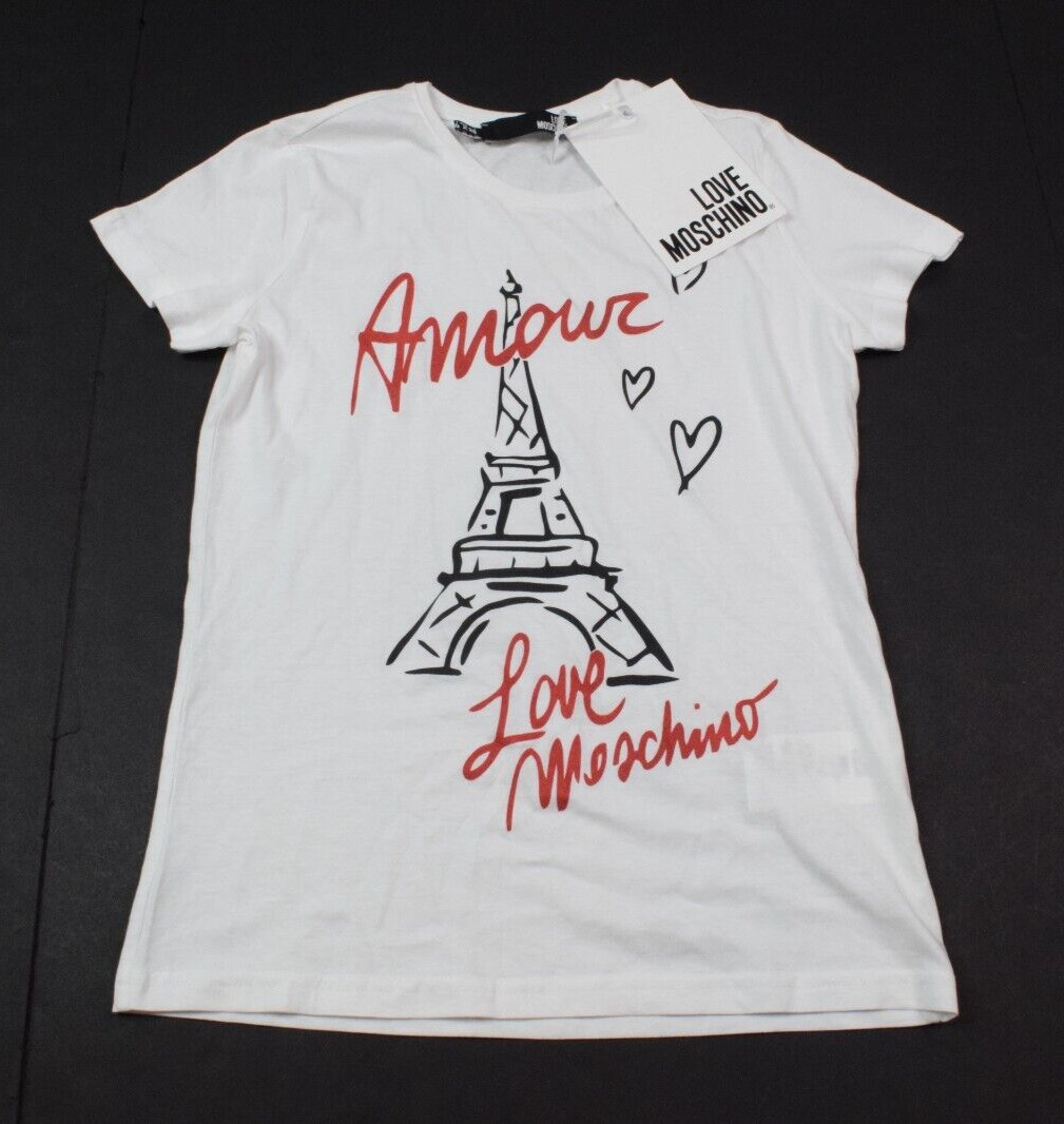 Love Moschino T-Shirt Womens 2 White Amour France Eifel Tower Short Sleeve