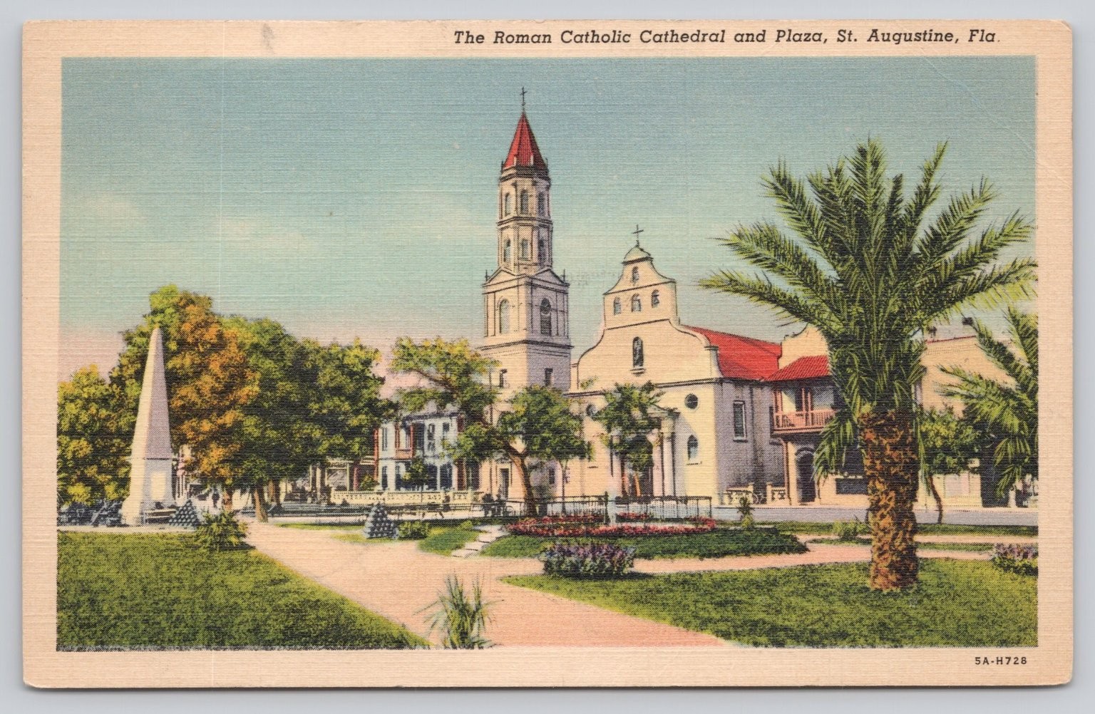 Vintage Postcard Roman Catholic Cathedral Plaza St Augustine Florida 1938 Linen