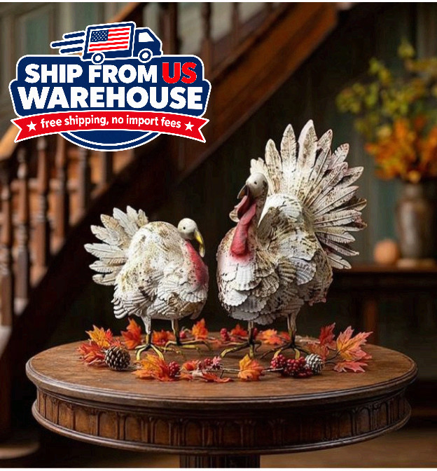 Set 2 Antique Farmhouse Painted Metal Tabletop Turkey Figurines Thanksgiving