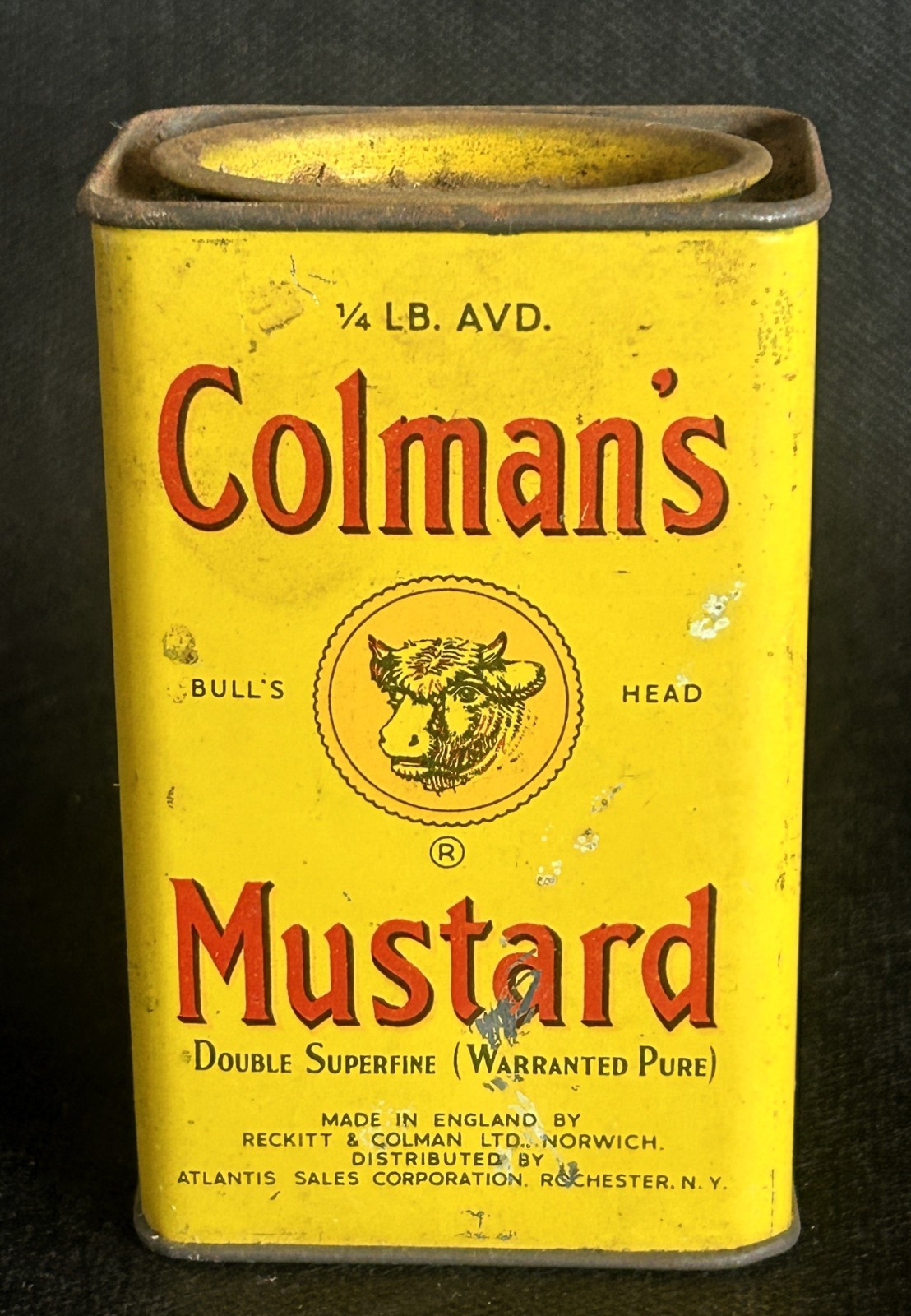Vintage Colman\'s Mustard Tin 1/4 LB AVD Bull\'s Head Atlantis Sales Rochester