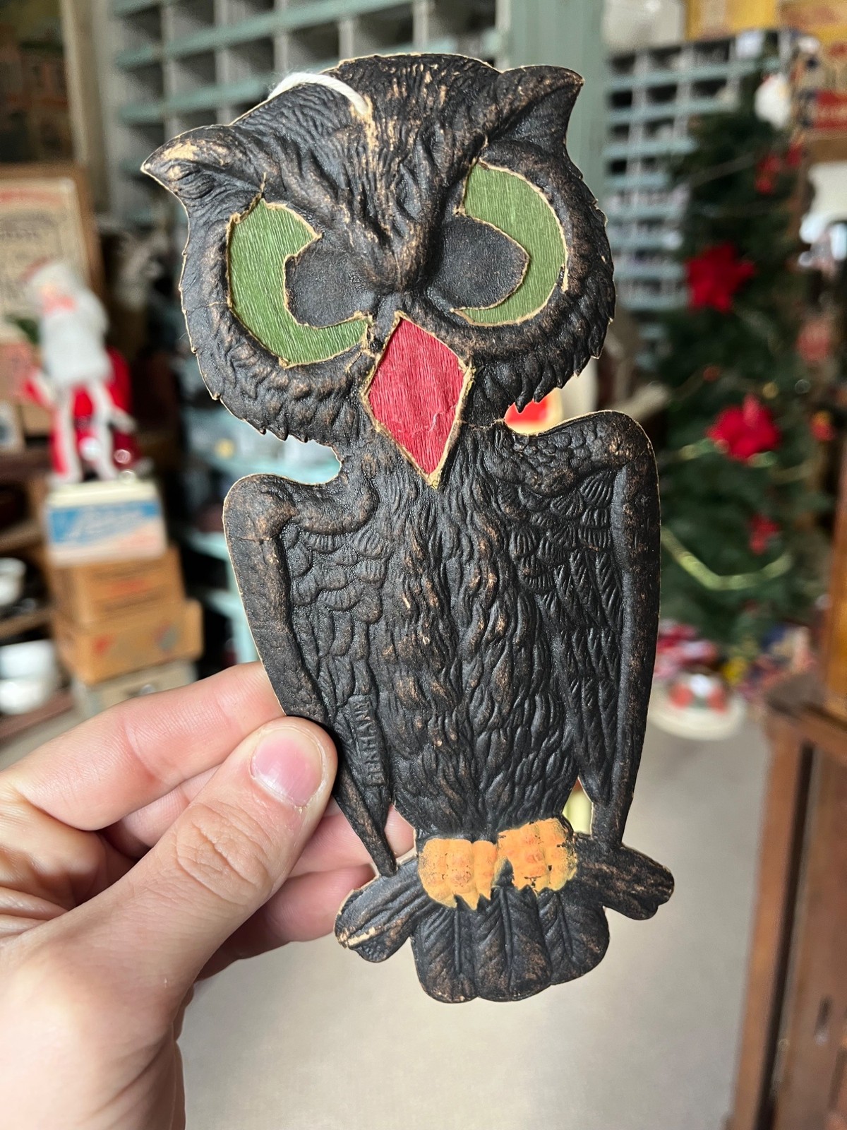 Antique 1920s German Halloween Diecut Owl 7.5\