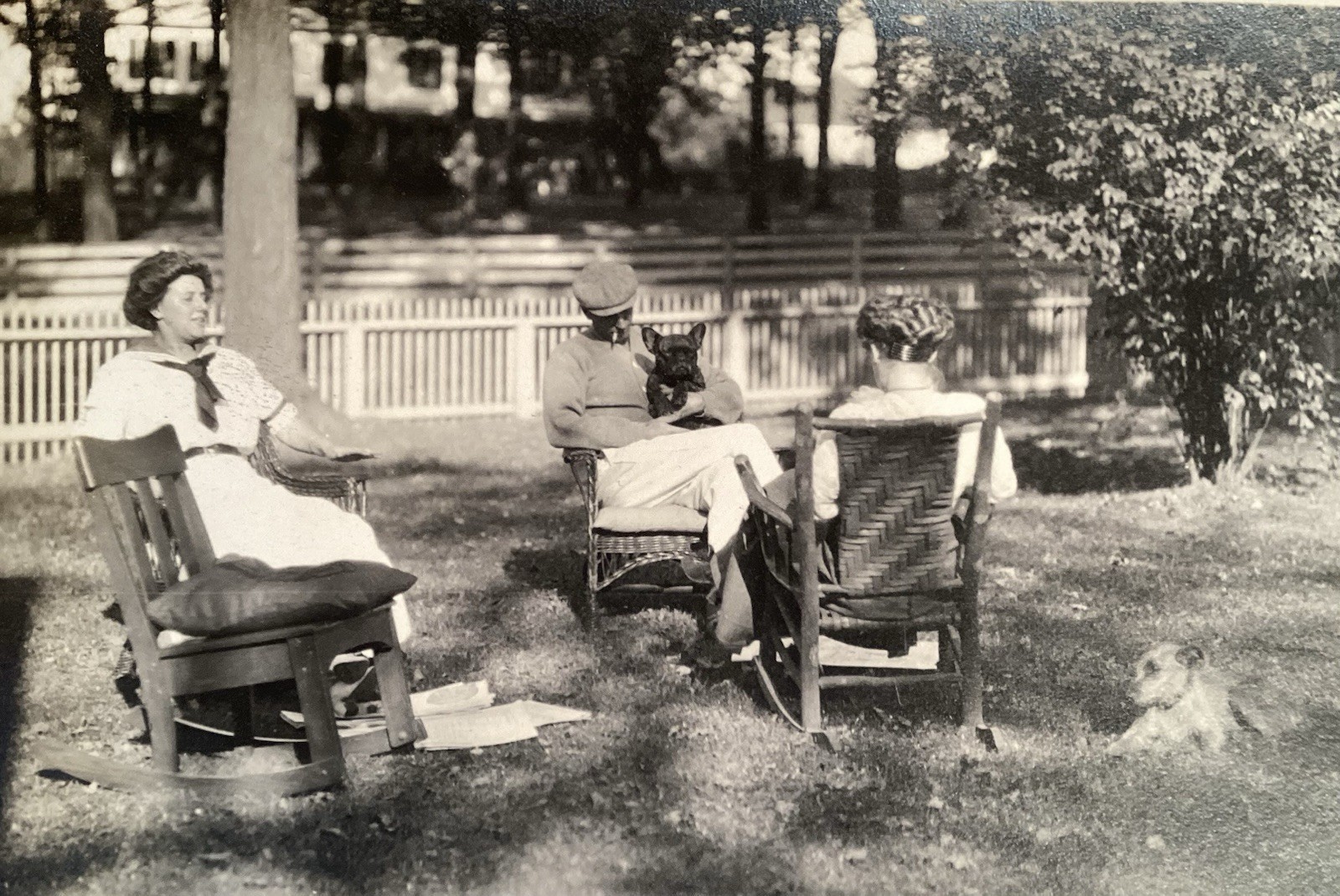 1910s Antique RPPC Photo MAN Family In Yard FRENCH BULLDOG DOG Two Dogs