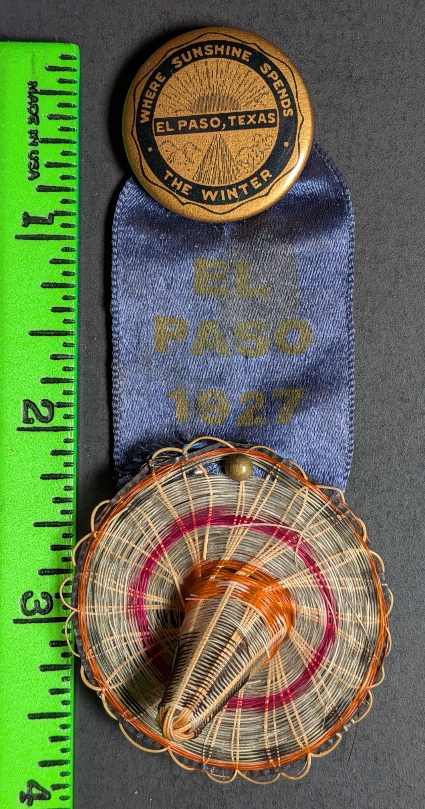 Vintage 1927 Sunshine Spends the Winter El Paso Texas Sombrero Pinback Pin