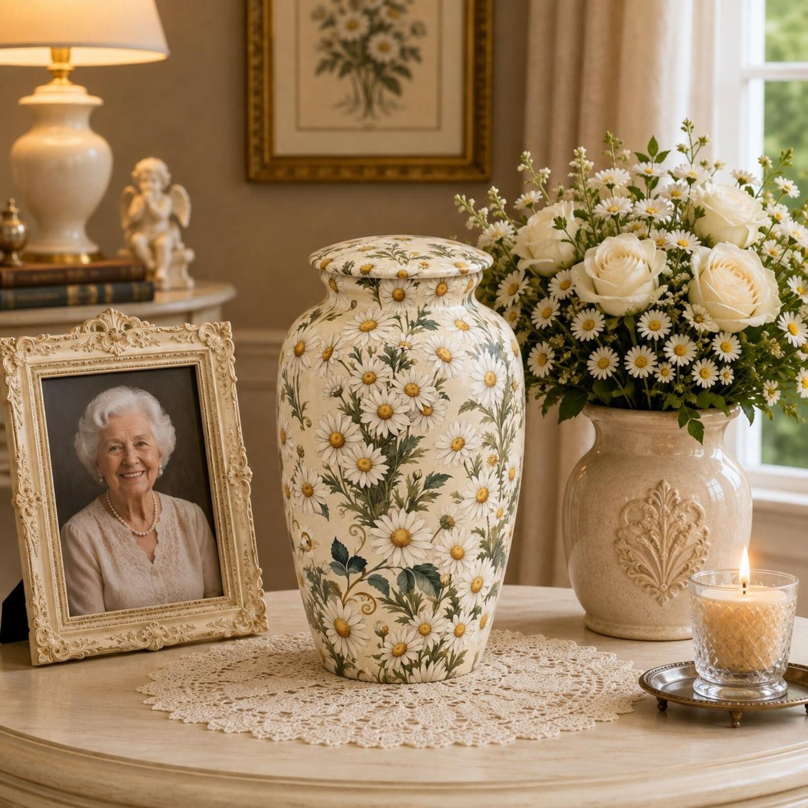 White Daisy Cremation Urn, Botanical Floral 10 inches ship by fedex