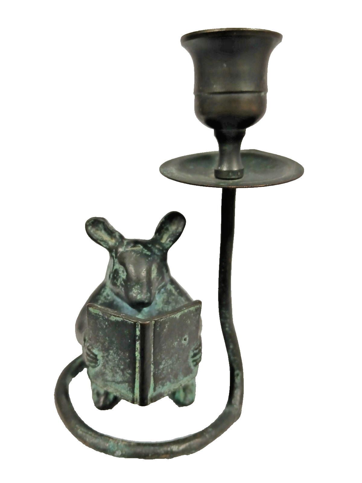 Vintage Bronze Mouse Reading Book CandleHolder Oxidized Finish 5