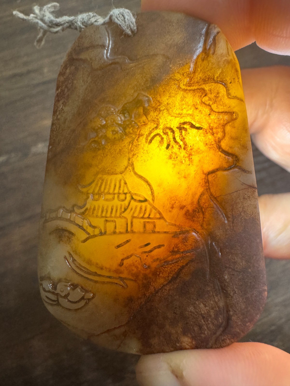 Old Hand Carved Antique Jade Pendant Landscape Scene Mountain Moon Estate