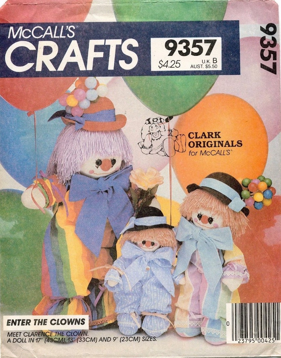 1980's  McCall's Clowns Doll Pattern 9357 Size 17