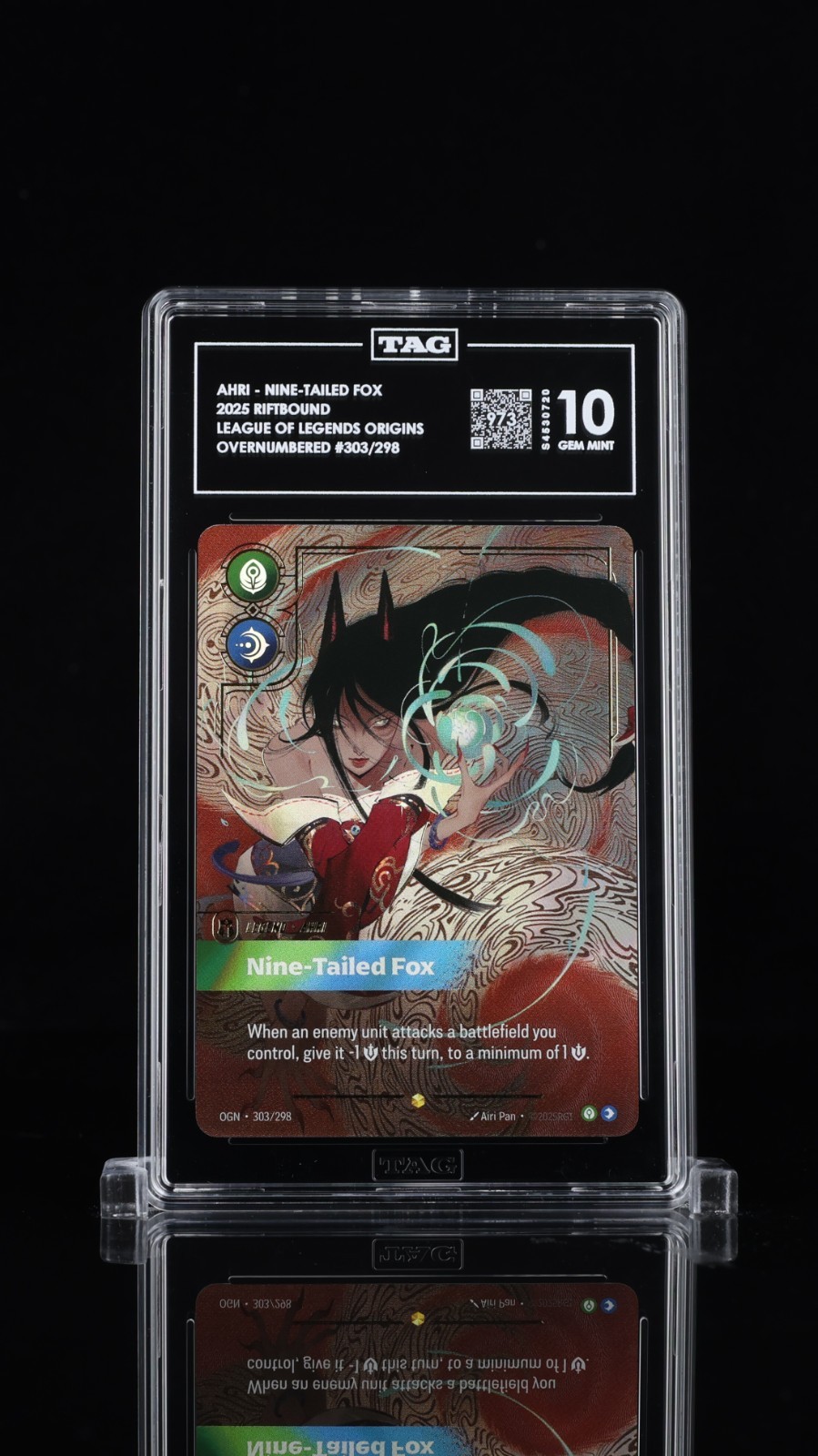  2025 Riftbound Origins Ahri Nine-Tailed Fox Overnumbered #303/298 TAG GM MNT 10