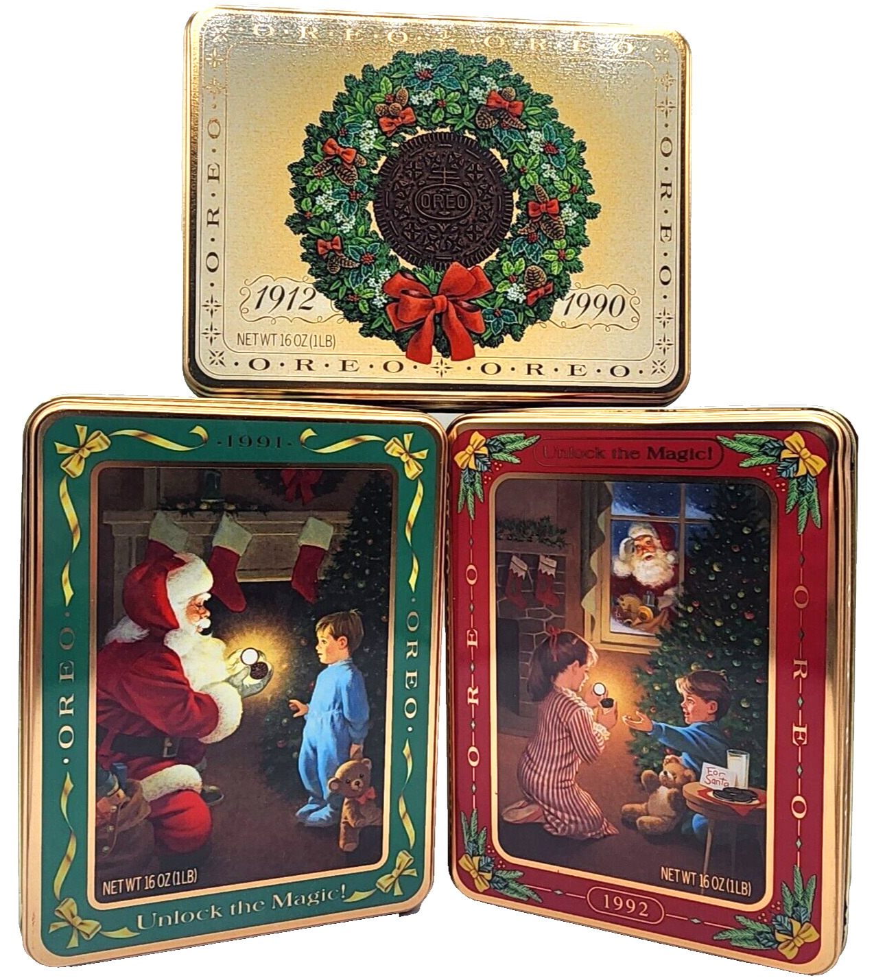 VTG VGUC LOT of 3 - 1990/1991/1990 Christmas Oreo Tin Boxes Unlock The Magic