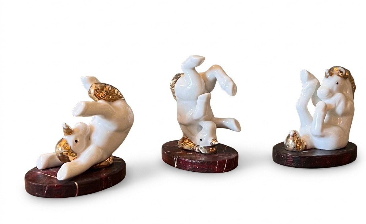 Set of 3 Vintage Tumbling Porcelain & Gilded Unicorn Figurines on Faux Marble