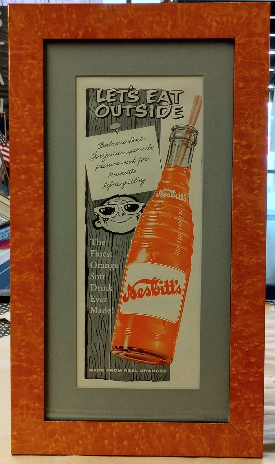 NESBITT'S ORANGE SODA RARE FRAMED 1957  PROMO BANNER AD COOL MAN CAVE RETRO ART