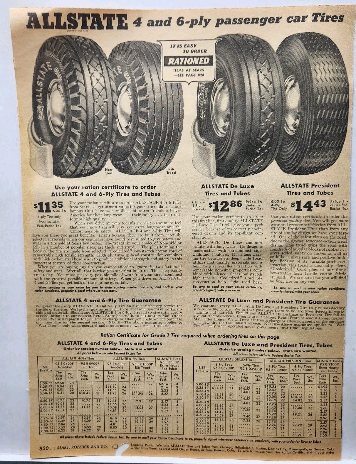 1943 Sears Roebuck Catalog Allstate War Tires Ration Certs Original Print Ad 40s