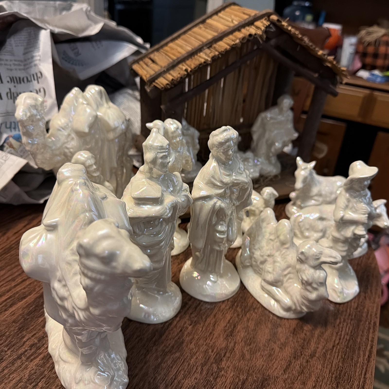 Vintage Atlantic Mold Ceramic Nativity Set, Pearl Luster Glazed, 17 Pieces