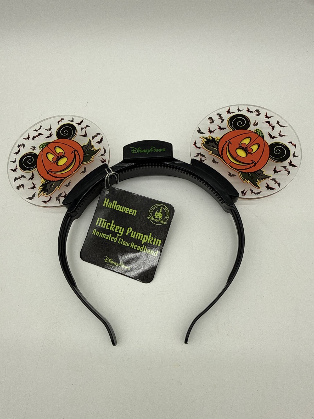 Disney Parks Halloween Mickey Pumpkin Animated Glow Headband Light Up Ears NWT
