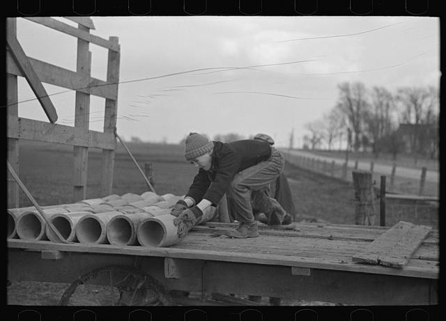 Late afternoon. One of Tip Estes' sons loading tiles on a wagon,Fowler,Indiana