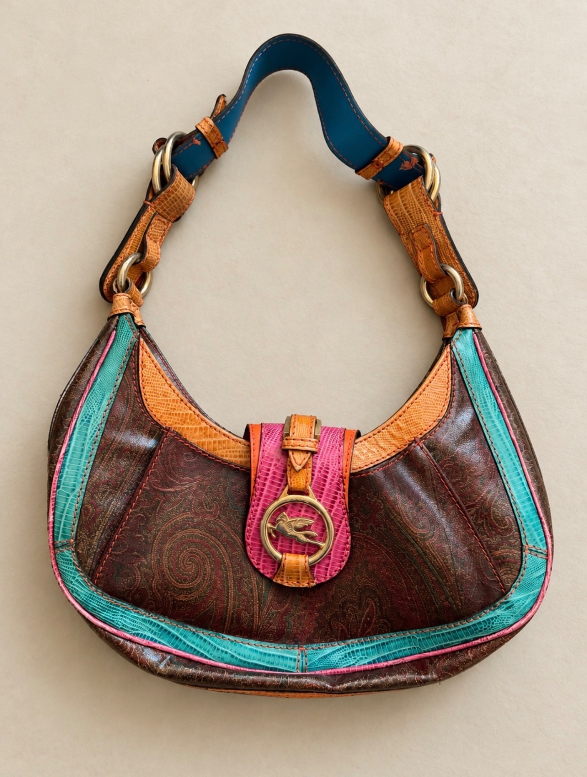 ETRO Paisley Shoulder Bag Brown Multicolor Turquoise Pink Orange Trim
