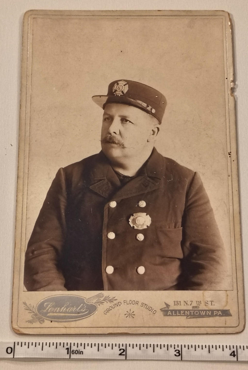 Antique Cabinet Card Photo Firefighter Badge Cap Emblem Lenhart Allentown PA