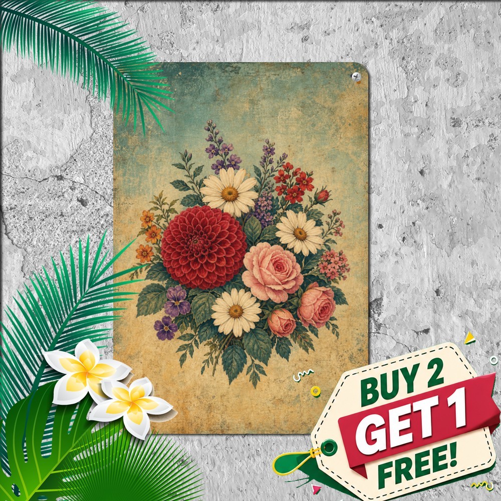 vintage floral bouquet illustration centered mixed flowers cluster