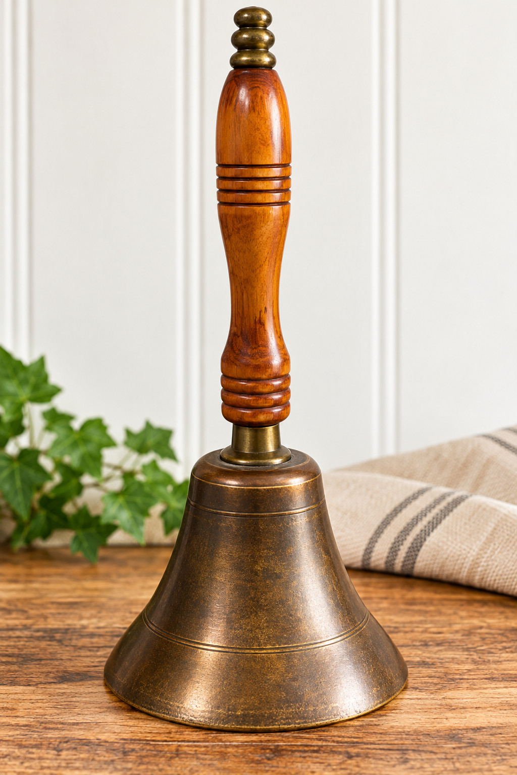Vintage Antique Large Handbell with Decorative Wooden Handle–11.5