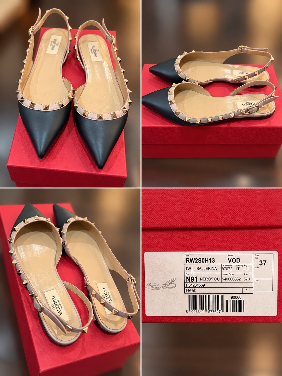 Valentino Garavani Rockstud Black Leather Studded Slingback Flats EU 37