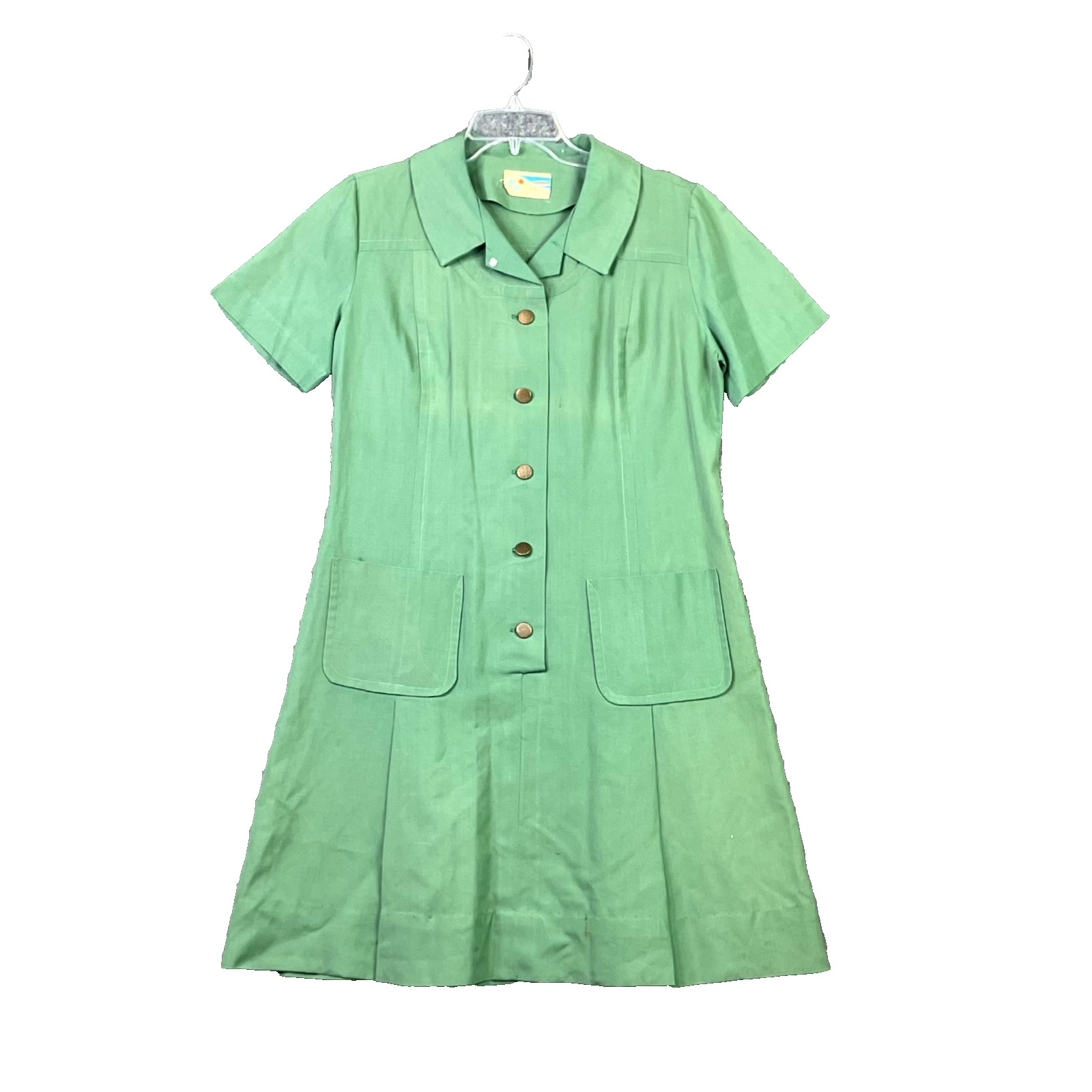 1960s Vintage Girl Scouts Cadet Uniform Dress Women\'s Green Patch Pockets Retro