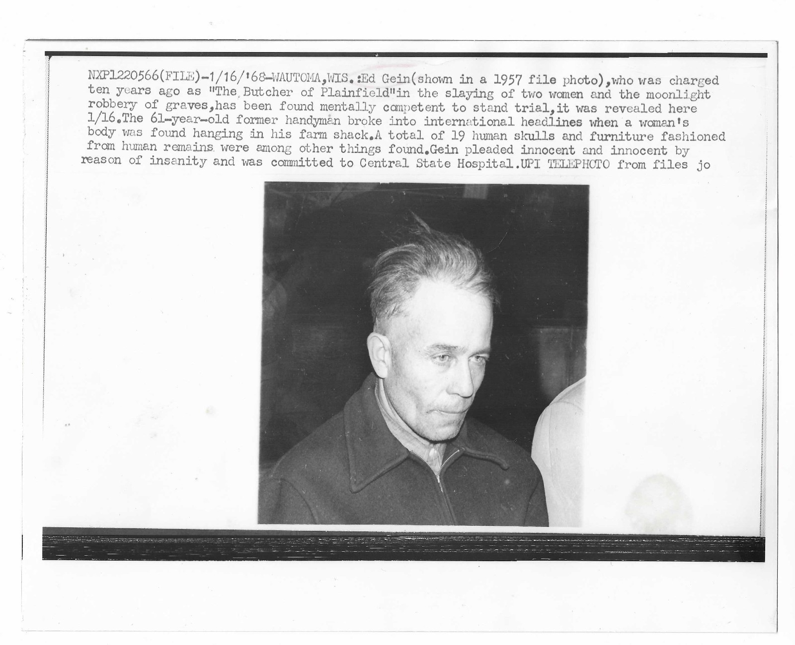 Ed Gein Butcher of Plainfield 1968 Authentic Press Reissue 1957 Photo Sane Trial Ed Gein Butcher of Plainfield 1968 Authentic Press Reissue 1957 Photo Sane Trial