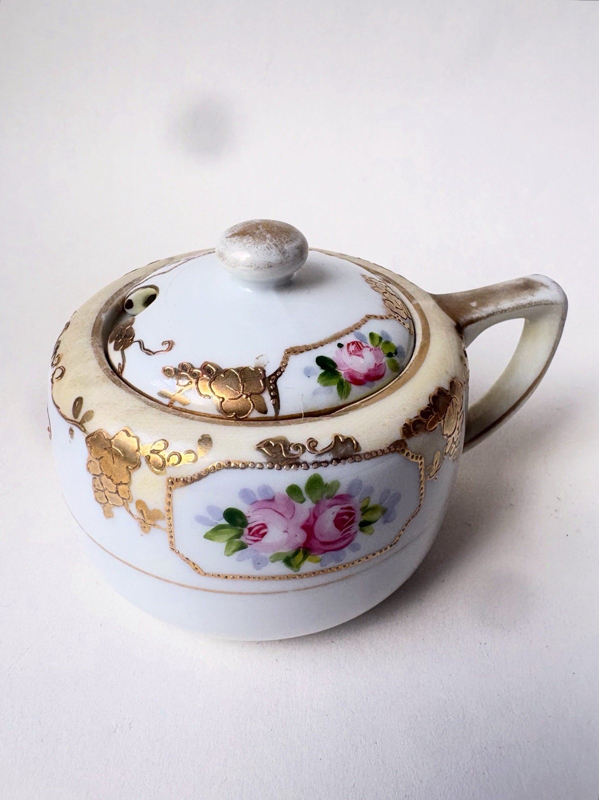 ANTIQUE Hand Painted Nippon Mustard Pot with Lid, 1891-1921 Morimura M in Wreath