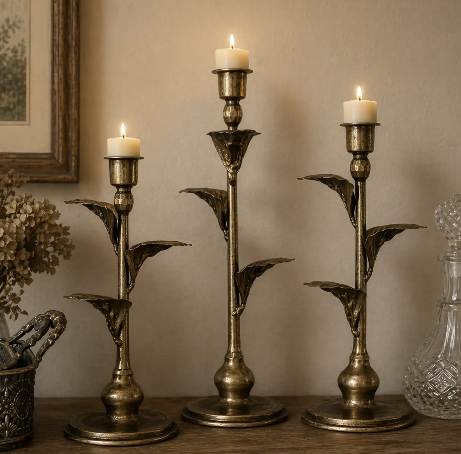 Antique Candelabra Metal Leaf Candle Holders – Set of 3 Vintage Elegant Bronze