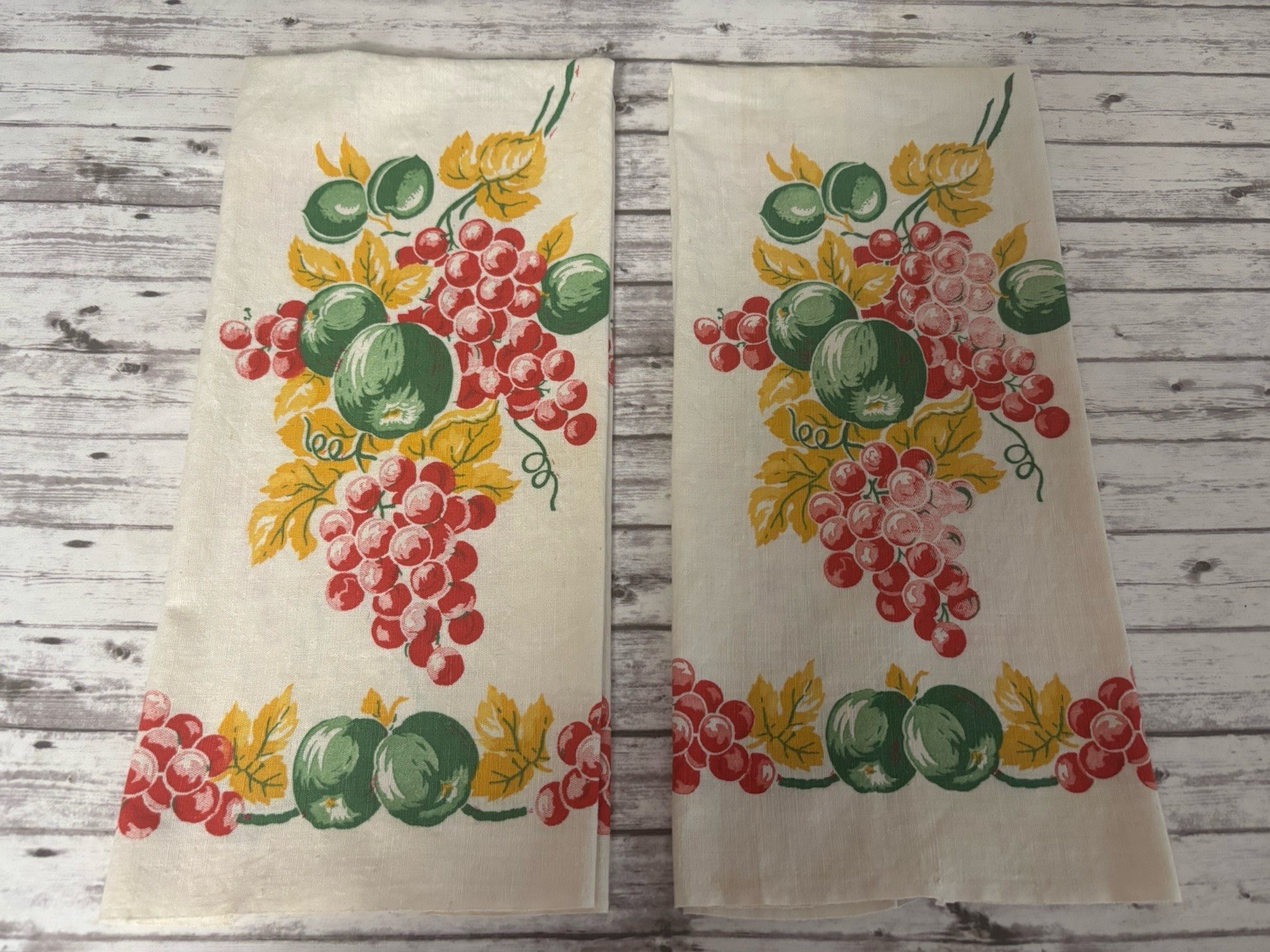 Vintage 1950s Cotton Kitchen Towels PAIR Floral Grapes Green Red Yellow